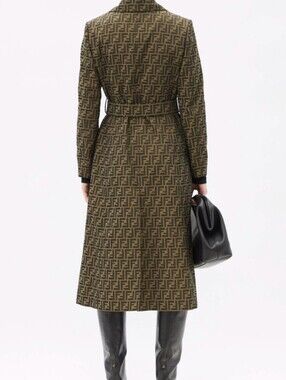 Upcycled Tan Tobacco FENDI Monogram FF Logo Zucca Trench Coat Black Brown S M /L